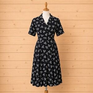 Liz Claiborne Dress Women's Black White Button Front Fit & Flare Midi Vintage[A1